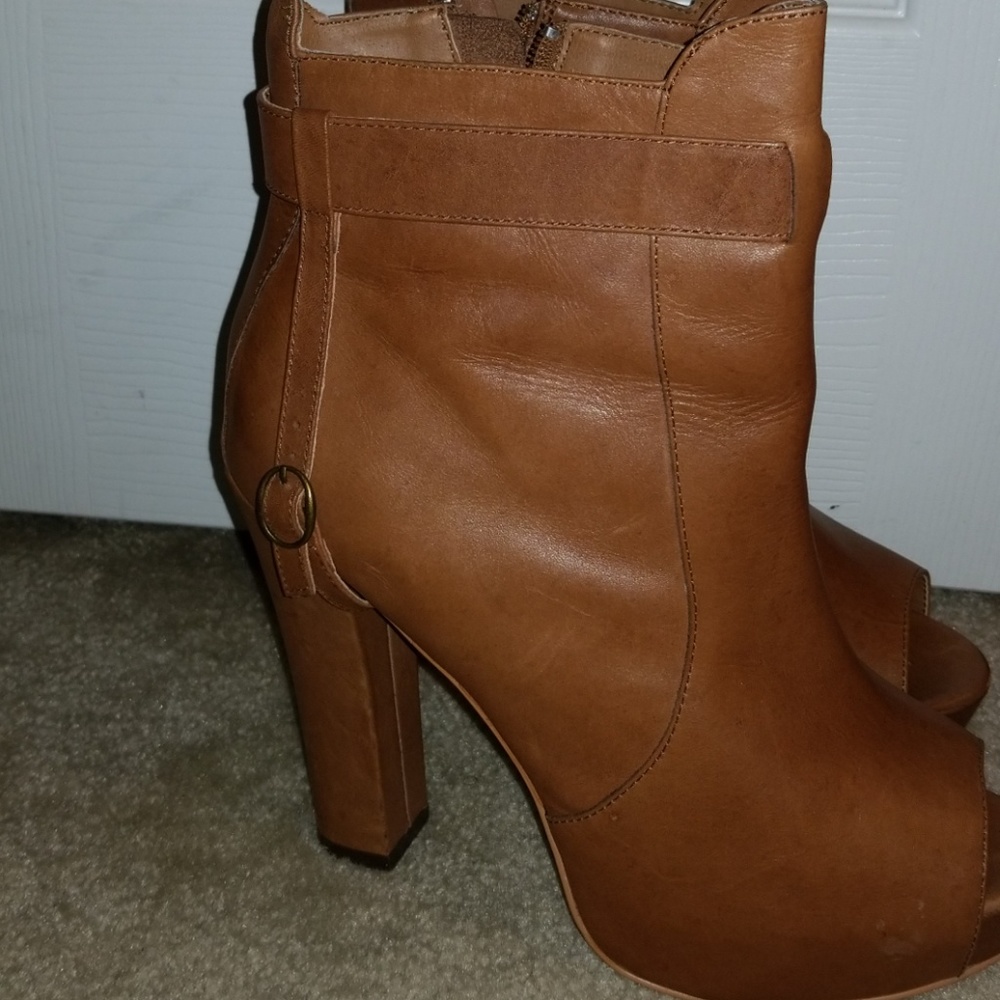 Tan leather peep toe ankle booties. 10